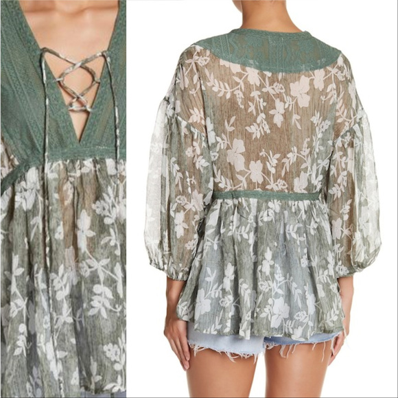 SALE!! GREEN Floral Lace Up Blouse - Picture 2 of 3
